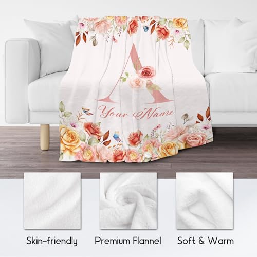 Personalized Blanket with Name, Flower Initial Throws Gift for Girls, Soft Anniversary Birthday Gifts for Her, Cozy Flannel Throw Blankets for Bed Travel, 50x60 Inches
