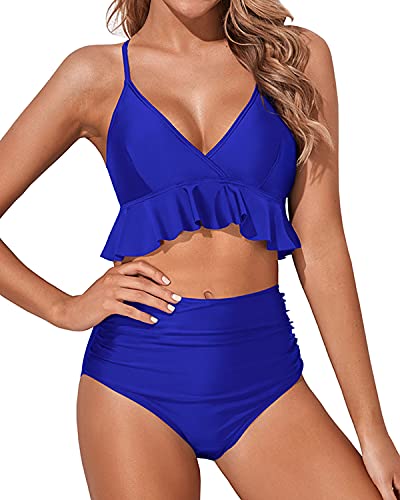 Tempt Me Women Royal Blue Two Piece Swimsuits High Waisted Bikini Ruffle Flounce Tummy Control V Neck Bathing Suit L