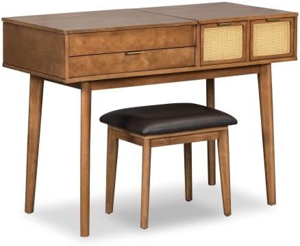 Miniatura 7 de Escritorio de tocador de 43.3 pulgadas con espejo abatible y taburete, moderno juego de mesa de maquillaje con 3 cajones, juego de tocador