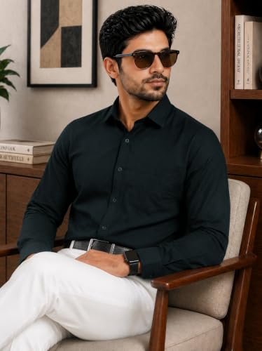 Image of Pinkmint Mens Cotton Regular Fit Long Sleeve Button Down Shirt for Men Collared Casual Formal Soild Shirt