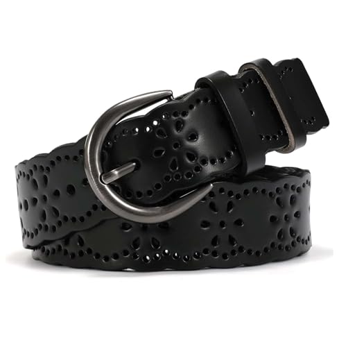 Women's Hollow Flower Leather Belt - Black Adjustable Waist Belt for Jeans, Dresses, Pants - Gift Box Included