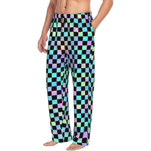 Mens Pajama Pants - Iridescent Checker Print Soft Sleep Lounge Pants For Men, Casual Pj Bottoms With Pockets