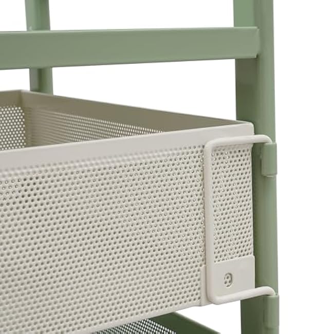 4/5-Tier Fruit and Vegetable Basket, Rotating Storage Rack with 4 Wheels & Mesh Baskets, Mobile Kitchen Organizer Roller Stand for Pantry, Bathroom, Office, White & Green (Green+White, 4-Tier Model)-HKPVYRFw