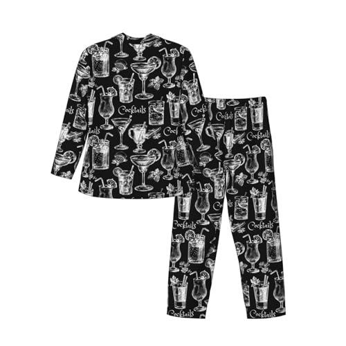Hand Drawn Sketch Cocktails Mens Pajamas Set Button Down Sleepwear Set Long Sleeve Loungewear With Pockets4