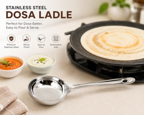 Image of Stainless Steel Dosa Ladle Set (2 Pcs) - Serving Spoon | Heavy Gauge Steel Curry, Sambar & Soup Ladle | Mirror Finish, Dishwasher Safe