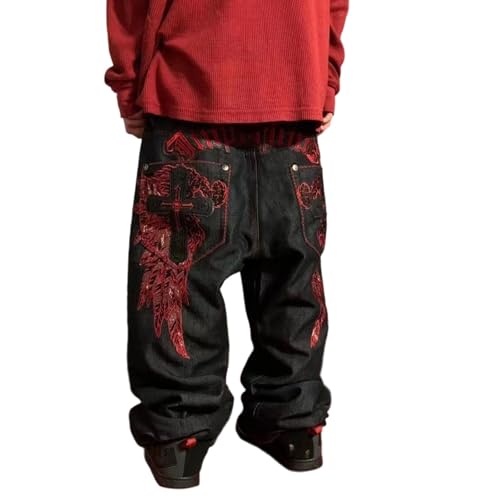 Jeans Holgados para Hombres Jeans Y2K Moda Urbana de Corte Ancho Pantalones de Hip Hop Pantalones de Skate de Mezclilla Ajuste Relajado con Bordado Estampado