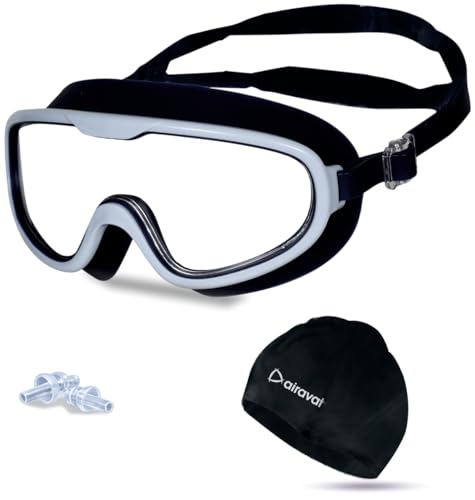 Image of AIRAVAT Shore swimming goggles, polycarbonate goggles, No Leaking Anti-Fog Pool Goggles for Adult Men Women Youth, UV Protection, 180 Clear Vision, Free size (Navy Blue Combo)