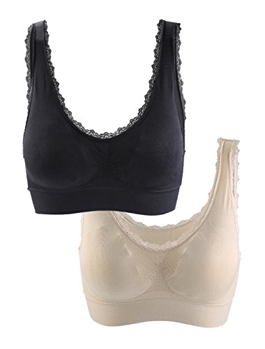 uxcell Women Fitness Lace Deco Middle Impact Pocket Pullover Sport Bra XL fit 34A/B Black+Beige
