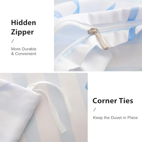 Image of Bow Duvet Cover King Size Blue Striped Bowknot Bedding Set Kids Girls Cute Bows Vertical Stripes Soft Breathable Microfiber Comforter Cover Set with Zipper Closure and 2 Pillowcases