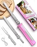 EZUVITA 8V Elektromesser, Kabelloses Küchenmesser mit 2 Edelstahlklingen, Elektrisches Messer mit Gabel, austauschbarer 2000-mAh-Akku, geeignet für Truthahn, Fleisch, Geflügel, Brot, Käse (Rosa)