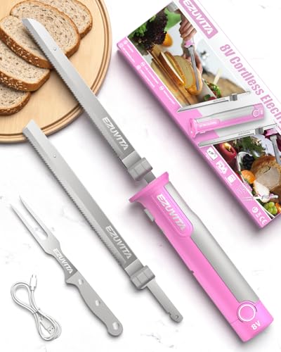 EZUVITA 8V Cordless Electric Knife Set, Rechargeable Electric Carving Knife with Reciprocating Blades, Fork, interchangeable 2000mAh Battery, Suitable for Turkey, Meat, Poultry, Bread, Cheese (Pink) option