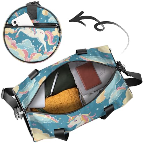 Unicorn Rainbows Round Barrel Sports Fitness Bag, Blue Pink White Travel Luggage Bag, Reusable Handbag, Suitable For Men and Women4