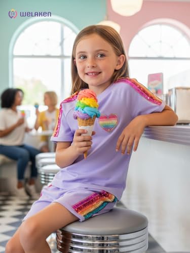 Image of WELAKEN Girls 2 Piece Outfit Kid Toddler Heart & Rainbow Sequin Striped T-shirt and Shorts Clothing Set