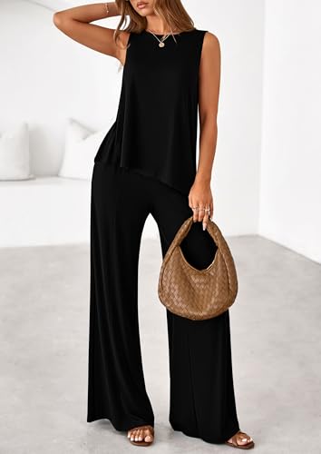 PRETTYGARDEN Women's 2025 Two Piece Matching Lounge Sets Asymmetrical Split Tank Tops Wide Leg Pants Summer Outfits Tracksuit3