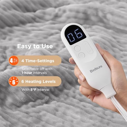 Image of Bedsure GentleSoft Heated Blanket Electric Throw - Soft Ribbed Flannel Electric Blanket, Heating with 4 Time Settings, 6 Heat Settings, and 3 hrs Timer Auto Shut Off (50x60 inches, Light Grey)