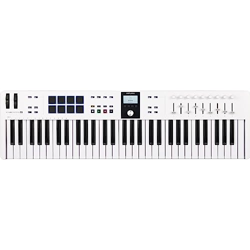 Arturia 231531 KeyLab Essential mk3 61-Key Universal MIDI Controller and Software (White) Bundle with Auray FP-P1L Sustain Pedal, Hosa MID-310 MIDI Cable, and Medium-Size 61-67 Keys Cover for Piano