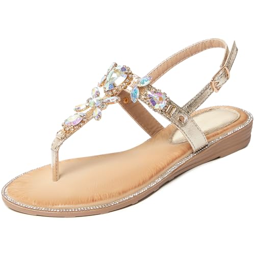 Image of iCKER Women Rhinestone Sandals T-Strap Buckle Bohemian Pearl Crystal Flat Sandals