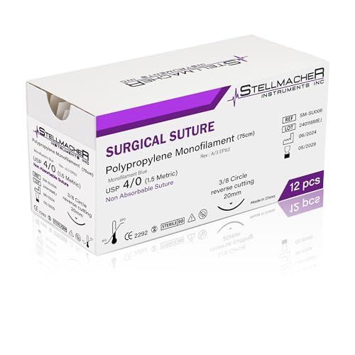 StellMacher Sutures Thread with Needle | 12 Pcs Surgical Practice Suture Kit for Students | Training Sterile Stitching Pad First Aid Emergency Travel, Vet Demo Use Polypropylene (Polypropylene 4-0)