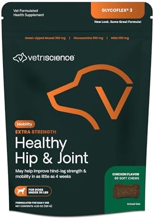 VetriScience Glycoflex 3 Clinically Proven Hip and Joint Support Supplement for Small Dogs – Maximum Strength Dog Supplement with Glucosamine, MSM, Green Lipped Mussel & DMG – 60 Chews,Chicken Flavor​