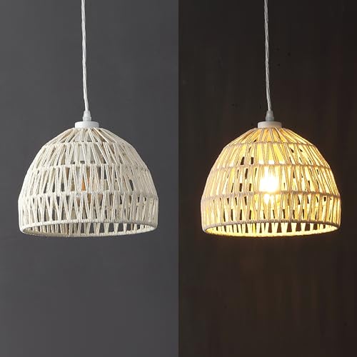 Image of JONATHAN Y 10.25 inch Cream Modern Bohemian Woven Rope LED Pendant Light Fixture, Adjustable Dome Ceiling Lamp for Kitchen Island, Rope Shade, Coastal Farmhouse Decor (JYL6513C)