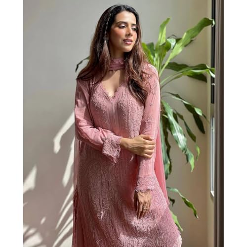 Image of Ruby Pink Women's Chikankari Embroidered 3 Piece Suit Set in Faux Georgette - Long Gown Style Kurta with Lining, Embroidered Dupatta, Wear Ethnic Outfit
