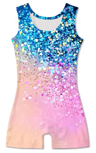 Funnycokid Gymnastics Leotards for Girls Dance Outfits Unitard Sparkly Clothes with Shorts, Diamond Blue Light Pink, 5-6 Years - Thumbnail 2