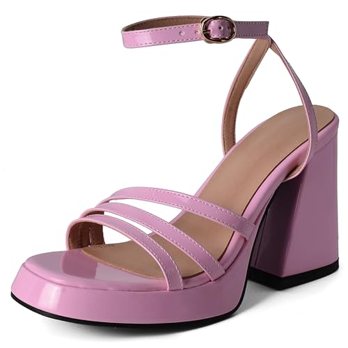Lroey Reoly Sandalias de Mujer, Sandalias de Vestir de Tacón Alto con Punta Abierta Hebilla Tacón Chunky Sandalias Correa de Tobillo con Plataforma Elegante, 506Dok Rosa Talla 34 EU