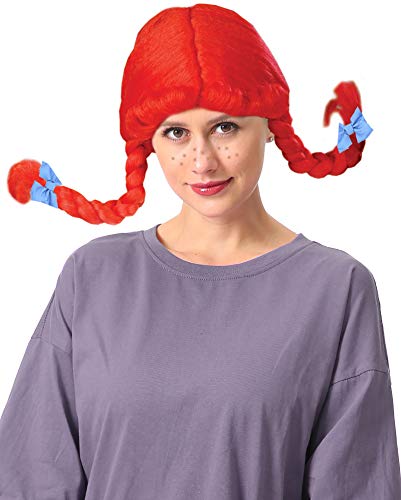 Costume Adventure Red Clown Pigtail Wig with Wire Braids and Blue Ribbons