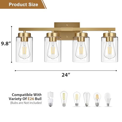 Image of IZORRO Bathroom Light Fixtures, Modern Vanity Lights, Bathroom Lighting Fixtures Over Mirror with Clear Glass Shade, Wall Sconce for Living Room Cabinet Bedroom (Brushed Gold, 4-Light)