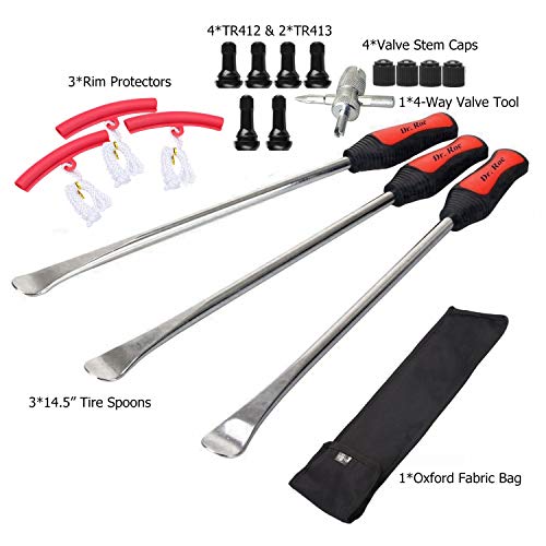 Dr.Roc 14.5 inch Perfect Leverage Tire Spoon Lever Iron Tool Kit Motorcycle Dirt Bike Lawn Mower Tire Changing Tool with Bag 3X Tire Spoons 3X Rim Protectors 1x Tire Valve Stems Set TR412 TR413