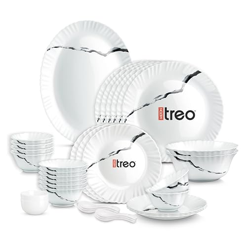 Image of Treo by Milton Opalware Aurelia Stria Dinner Set of 35 | Serving for 6 | Microwave & Dishwasher Safe | Bone-Ash Free | Tempered Toughness | Plates, Bowls, Spoons | Crockery Set for Dining & Gifting