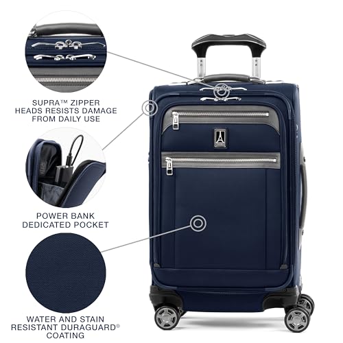 Image of Travelpro Platinum Elite Softside Expandable Carry on Luggage, 8 Wheel Spinner Suitcase, USB Port, Suiter, Men and Women, Dark Blue, Carry On 21-Inch