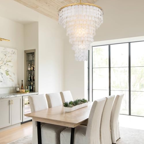 Wellmet Coastal Capiz Shell Chandelier, 9 Lights Beach Light Fixture, Sea Shell Pendant Lighting for Dining Room, Modern Gold Ceiling Light for Kitchen Island, 30" Dia - Image 3