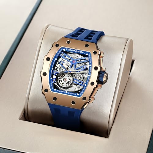 Image of TSAR BOMBA Men's Automatic Watch Tonneau Luxury Skeleton Watches for Men Mechanical 50M Waterproof Analogue Watches Mens Unique Cool Square Big Face Dial Wristwatch with Silicone Strap Band