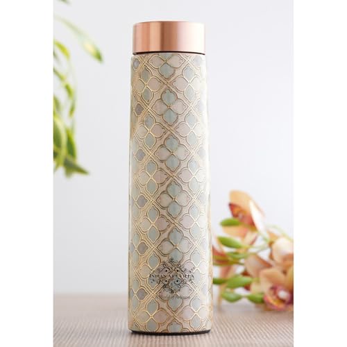 Image of INDIAN ART VILLA Copper Gold Print Copper Bottle, Copper Drinkware, 800 ML, Gold Printed White