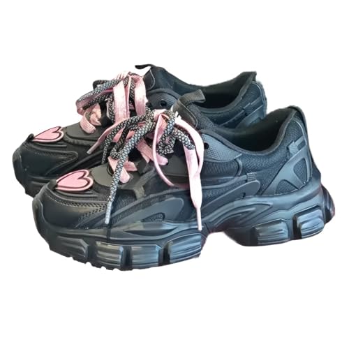 Shine Heart Pattern Sneakers Girls Y2K Streetwear Dad Shoes Sweet Hiphop Sport Style Cute Adorable Lace Up Ribbon Height Boost