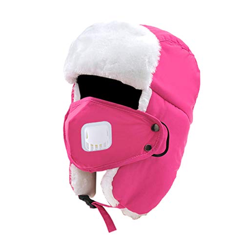SOUGAO Trapper Hat Winter Warm Russian Hat with Mask Unisex Ushanka Hat Pink Small