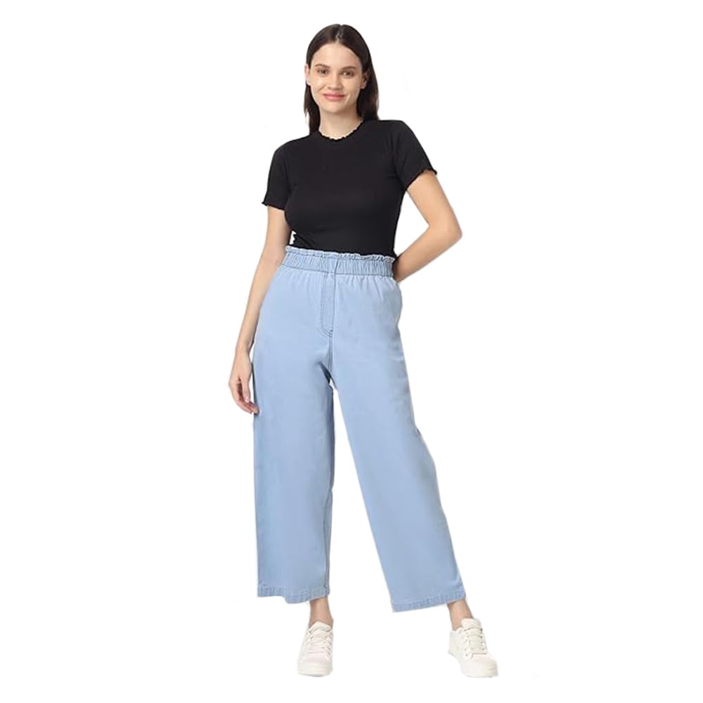 GoSriKi Women's Denim Wide Leg Palazzo Pants, Blue, Elastic Waist with Pockets, Premium Casual Wear in blue