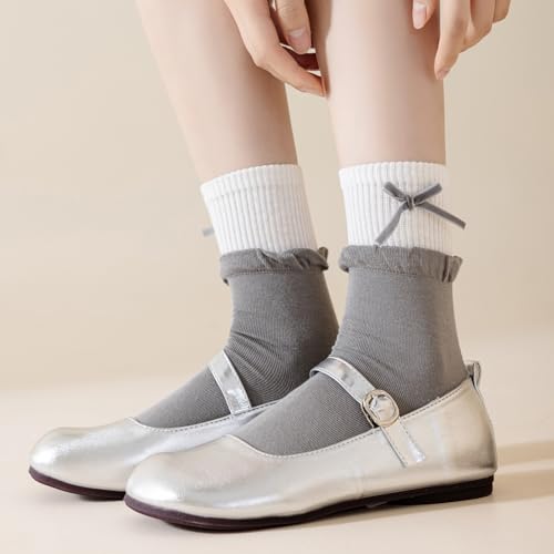 Image of Yomutiur Crew Socks for Women, Double Ribbed Sock Cuff with Cute Bow Sweet Cotton Rolled Socks Odor-resistant