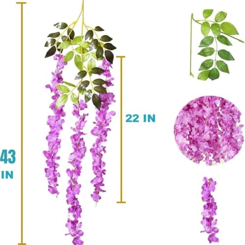Image of SATYAM KRAFT 12 Pcs (43.2 inch) Artificial Wisteria Vine Garland | Long Silk Hanging Flowers String for Wedding Decoration Items, Mandap, Birthday Party, Festival Event & Home Decor (Rani)