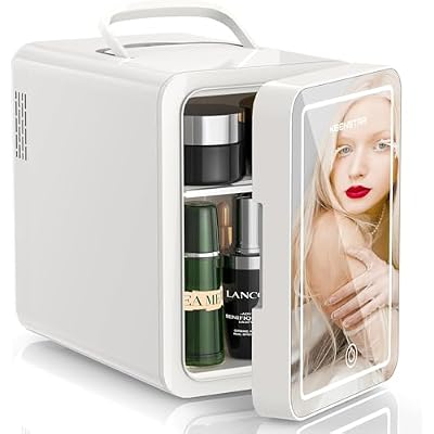 KEENSTAR Skincare Mini Fridge 6L8 Can with LED Mirror, Portable Cooler & Warmer Mini Fridge for HomeCar, Portable Thermoelectric Refrigerator for Cosmetics, Skincare & Food