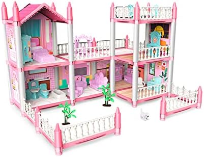Dreamy Pink Dollhouse Playset, Equipped with 2 Dolls Figures and A Pet, Fully Furnished Fashion Dollhouse, for Kids Ages 3+ (6 Rooms,3 Terrace)
