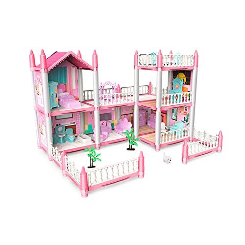 Dreamy Pink Dollhouse Playset, Equipped With 2 Dolls Figures And A Pet, Fully Furnished Fashion Dollhouse, For Kids Ages 3+ (6 Rooms,3 Terrace) #TOP2