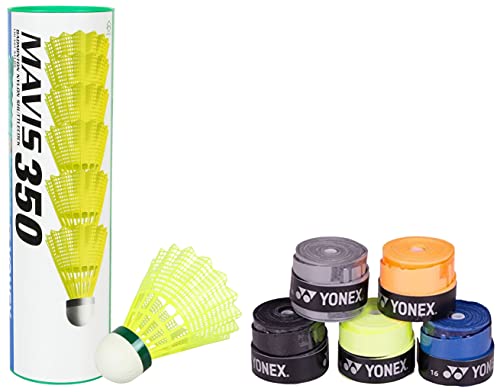 Image of Yonex Mavis 350 Green Cap Nylon Shuttlecock (Yellow) & Etech 902 Pack of 5 Badminton Grips Combo