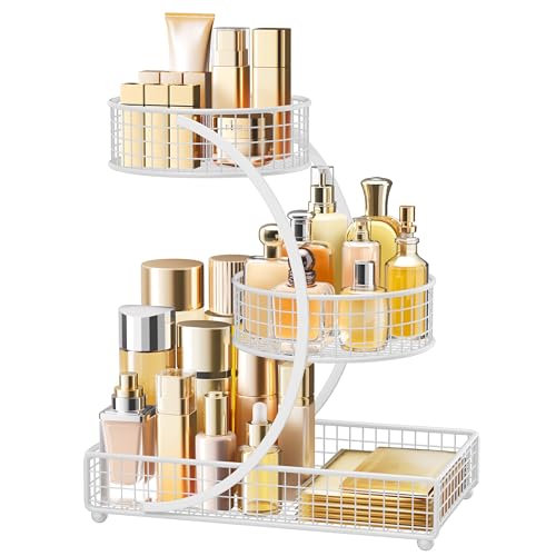 HBlife Makeup Organizer for Vanity 3 Tier Metal Bathroom Countertop Organizers Skin Care Storage Bathroom Counter Shelf Skincare Holder Perfume Cosmetic Display White
