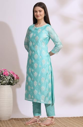 Image of W for Woman Embroidered Lace Cotton Blend Straight Kurta & Straight pant Set