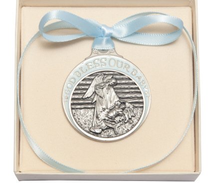 Pewter Baby in Manger Crib Medal with Blue Ribbon - Boxed