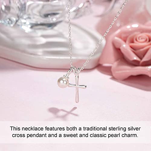 Sterling Silver Cross Necklace for Girls - First Communion, Baptism, Confirmation Gifts for Teenage Girl, Little Girls Jewelry with Pearl, Easter Gifts for Godchild2