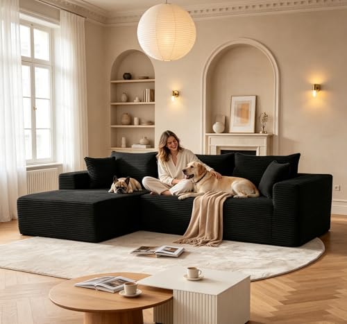 Image of Mangodan 110 inch Cloud Sectional Couch, Boneless Sofa for Living Room, Modular Sectional Sofa with Deep Seat, Comfy Fluffy Couch with L-Shaped Chaise, No Assembly Required (Left-Facing Chaise, Black)
