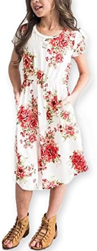 21KIDS Girls Floral Casual Short Sleeve Short Dress Maxi Dress with Pockets, White,12 Years